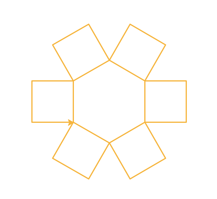 Six orange boxes that touch at the corners to form a hexagon. The boxes extend outside the circle like flower petals extending from the center of a flower.