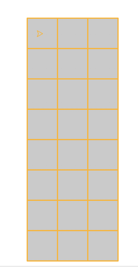A grid of gray squares with orange borders, touching each other so that the whole grid forms one rectangle. The grid is three squres wide adn 8 squares tall; the turtle is visible in the upper-left square of the grid.