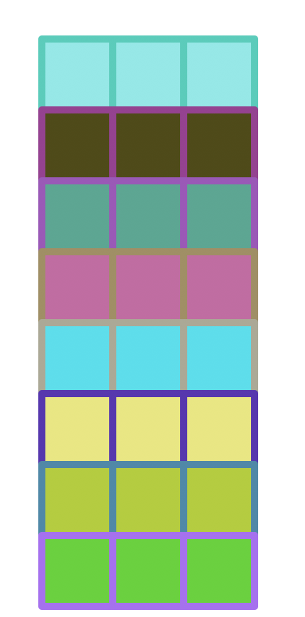 Another grid with 3 columns and 8 rows, but this time each row has random fill and outline colors.