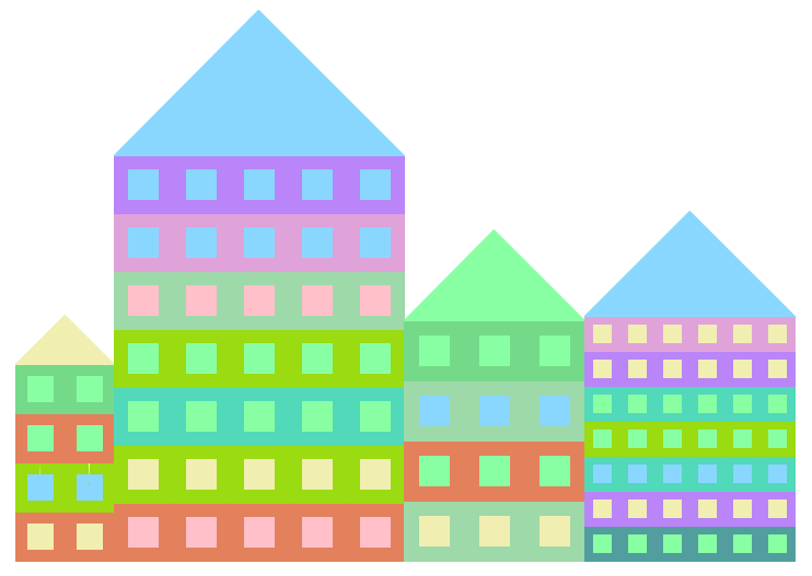 Four buildings of different sizes, with random colors for the walls and windows in each row. The buildings are 2 rows by 4 columns, 7 rows by 5 columns, 4 rows by 3 columns, and 7 rows by 6 columns. Each also has different-sized window cells, so their rows and columns are different heights/widths.