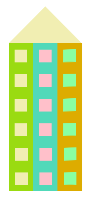 A 3-column 6-row building with random colors, but now the colors are consistent within each column, instead of being consistent across each row.