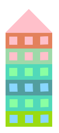 A 3-column, 6-row building, using random colors except now the colors are consistent within each row, instead of being different for each window of the building.