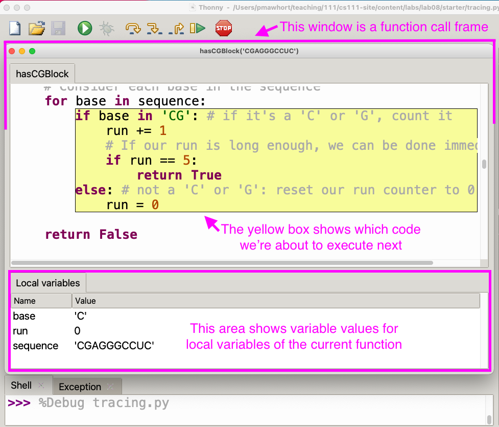 Another screenshot showing a pop-up window for a function call frame, with the body of a loop highlighted in yellow to indicate that's what will run next. The bottom of the pop-up window shows the local variables in that function call frame and their values.