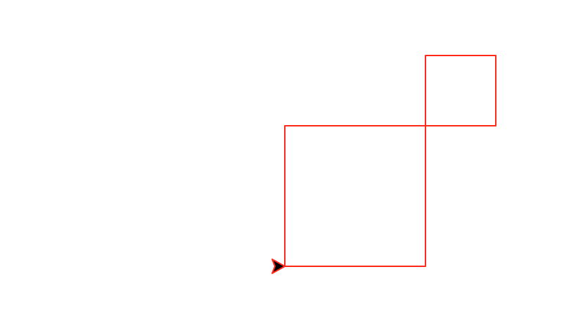 Two squares, the second half as large in each dimension as the first (so 1/4 the area). The second square's lower-left corner is touching the upper-right corner of the first square, so the second square appears diagonally up and to the right from the first square. The turtle remains at the lower-left corner of the first square.