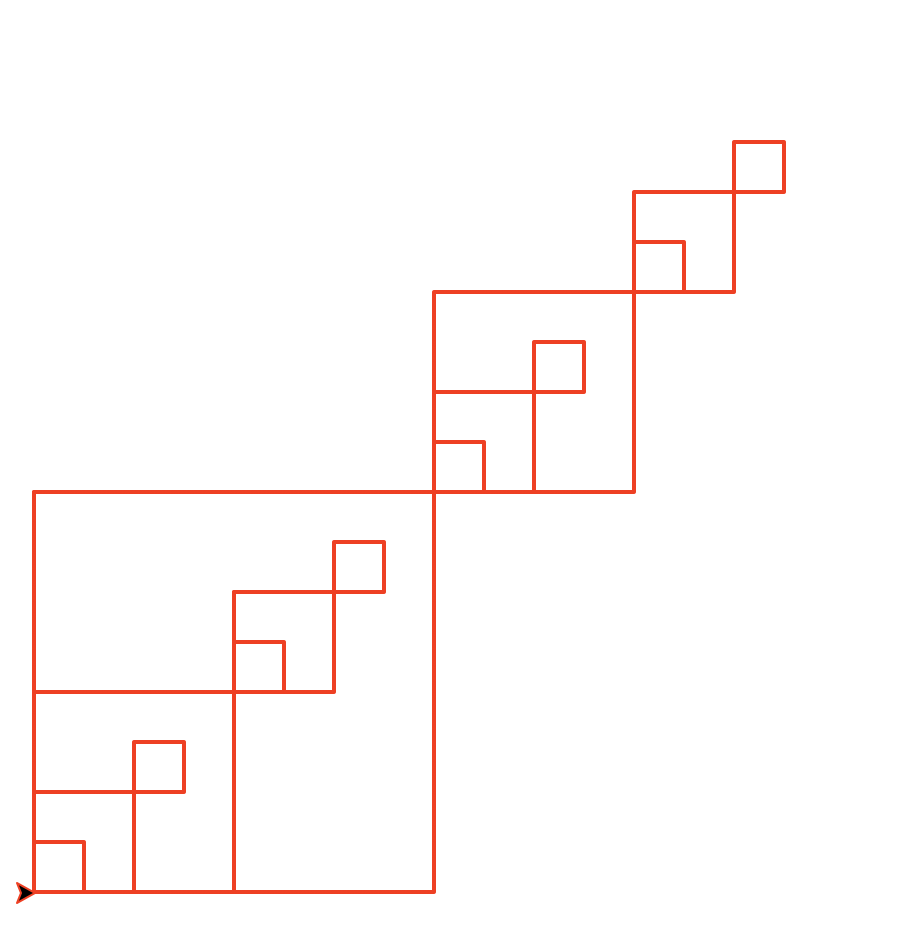 Fifteen squares, with the same seven-square pattern described above now scaled down and repeated twice (inside at the bottom-left and outside at the top-right) in relation to a larger square.