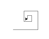 A spiral composed of lines at right angles to each other, each 3/4 as long as the last. There are 8 segments, and the turtle is at the tip of the last segment, rotated 90 degrees and ready to continue the spiral.