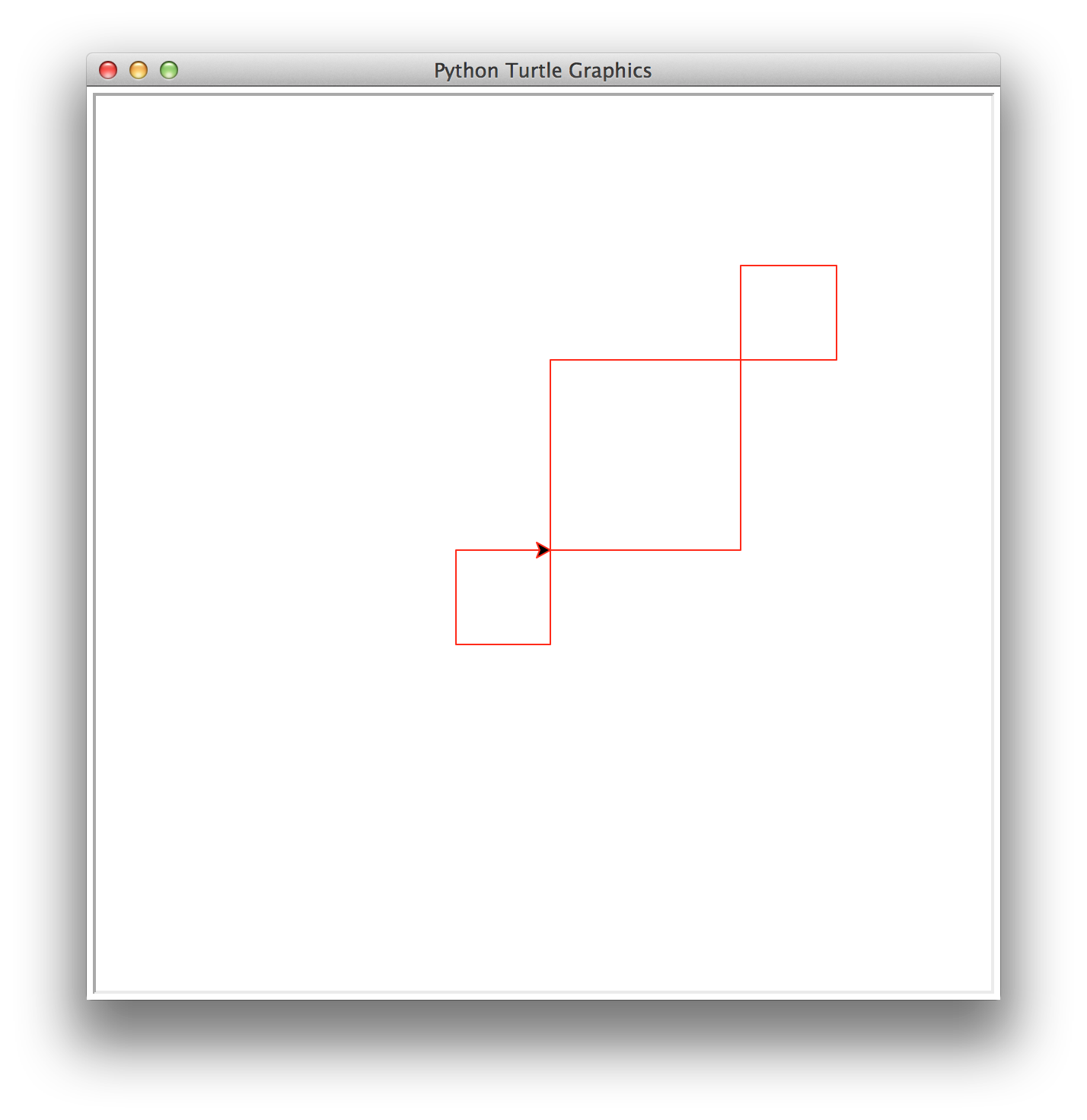 Three squares, with a larger square that touches two half-size squares at its lower-left and upper-right corners. This time, both smallers squares are outside the larger one: the first smaller square's bottom-left corner is touching the top-right corner of the larger square just like before, while the second square's top-right corner is touching the bottom-left corner of the larger square.