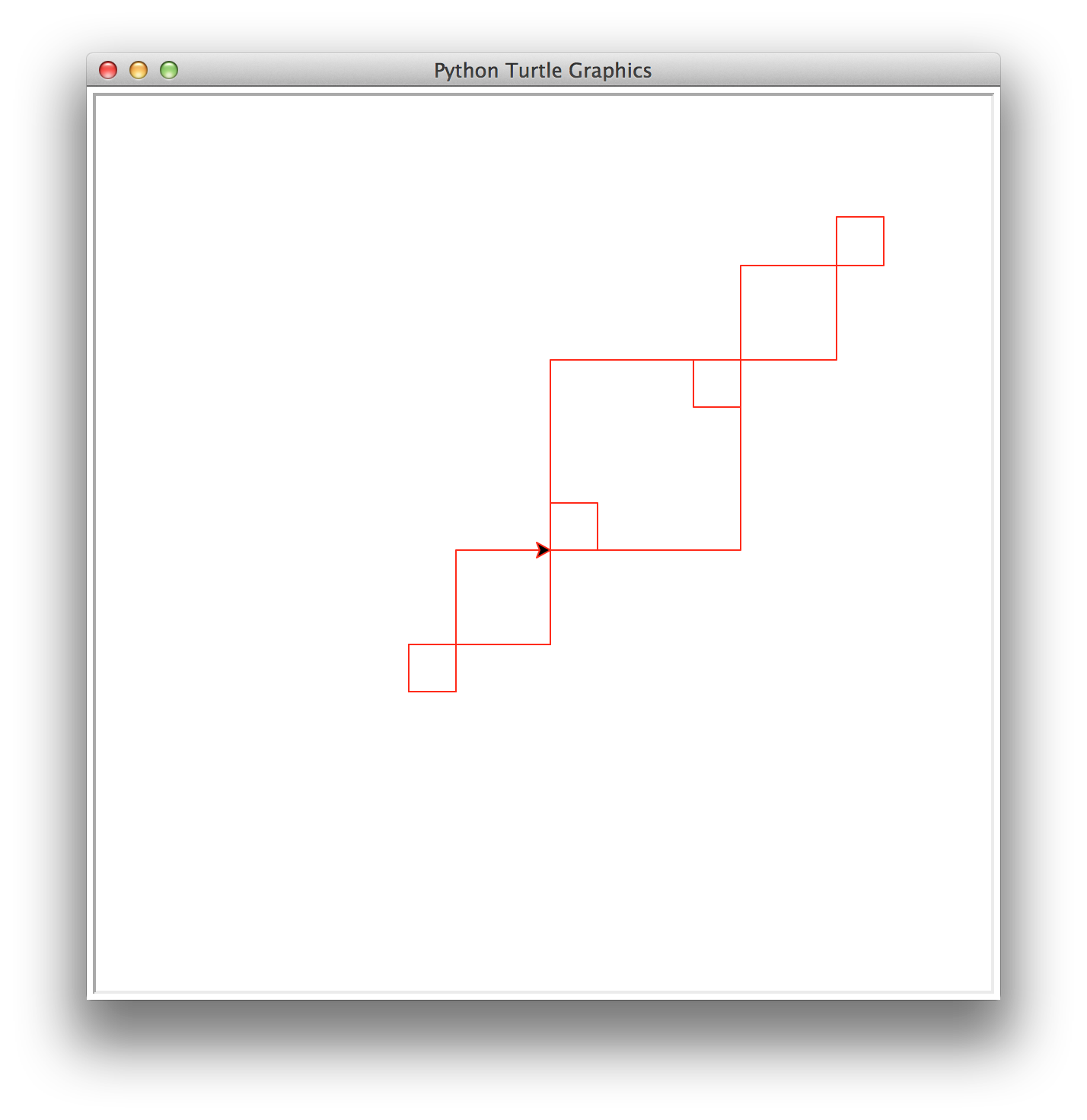 Seven squares, with a larger square and two scaled-down versions of the previous pattern at its top-right and bottom-left corners. The mini-patterns now overlap the larger pattern, as their bottom-left and top-right mini-squares, respectively, are inside of the main largest square.