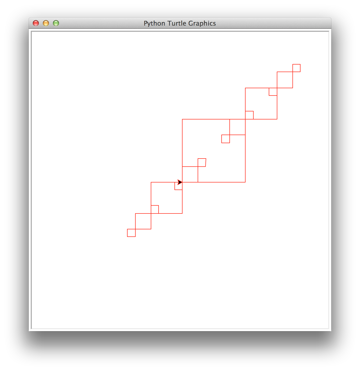 Fifteen squares, repeating the pattern in one more layer, where the previously-mentioned arrangement of seven squares is duplicated, scaled down, and placed at the corners of a single larger square. Now each smaller pattern extends two squares into the larger pattern.