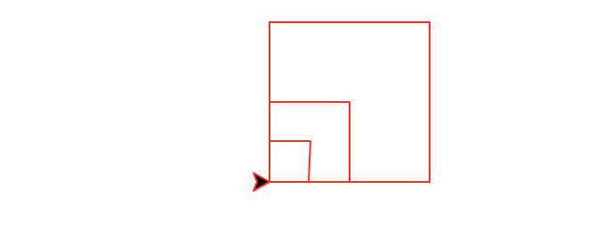A series of three squares of decreasing sizes (each 1/2 as large as the previous) but this time their lower-left corners are on top of each other, so that the smaller squares are drawn within the larger squares. The turtle is at that lower-left corner, and is facing right.