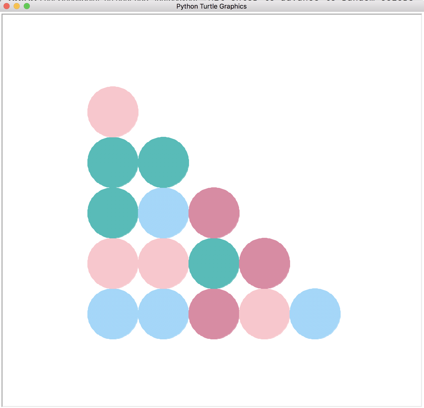 Turtle Graphics display of a 5x5 grid of circles where the grid displays only the circles making a triangle in the lower left corner.