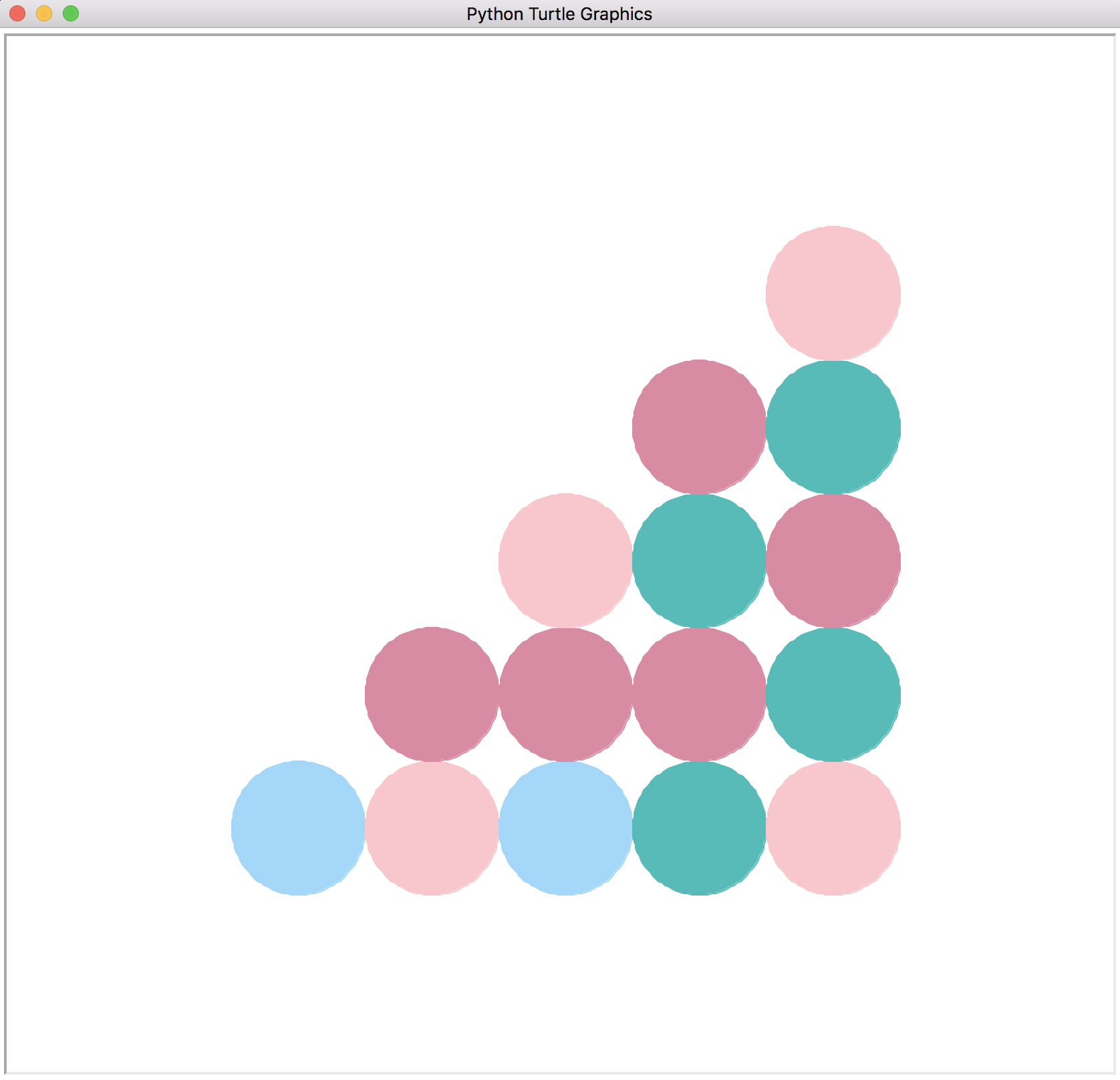 Turtle Graphics display of a 5x5 grid of circles where the grid displays only the circles making a triangle in the lower right corner.