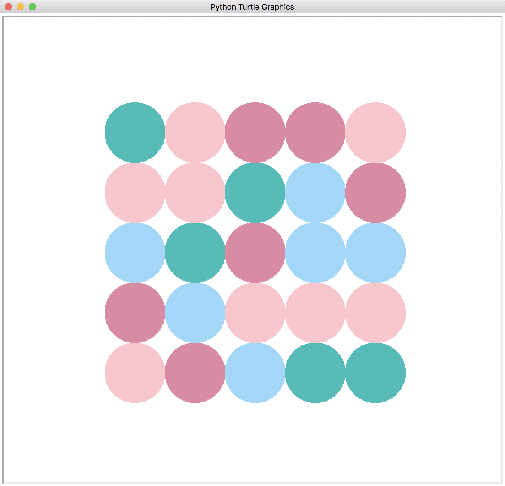 Turtle graphics display of a 5x5 grid of circles with random colors