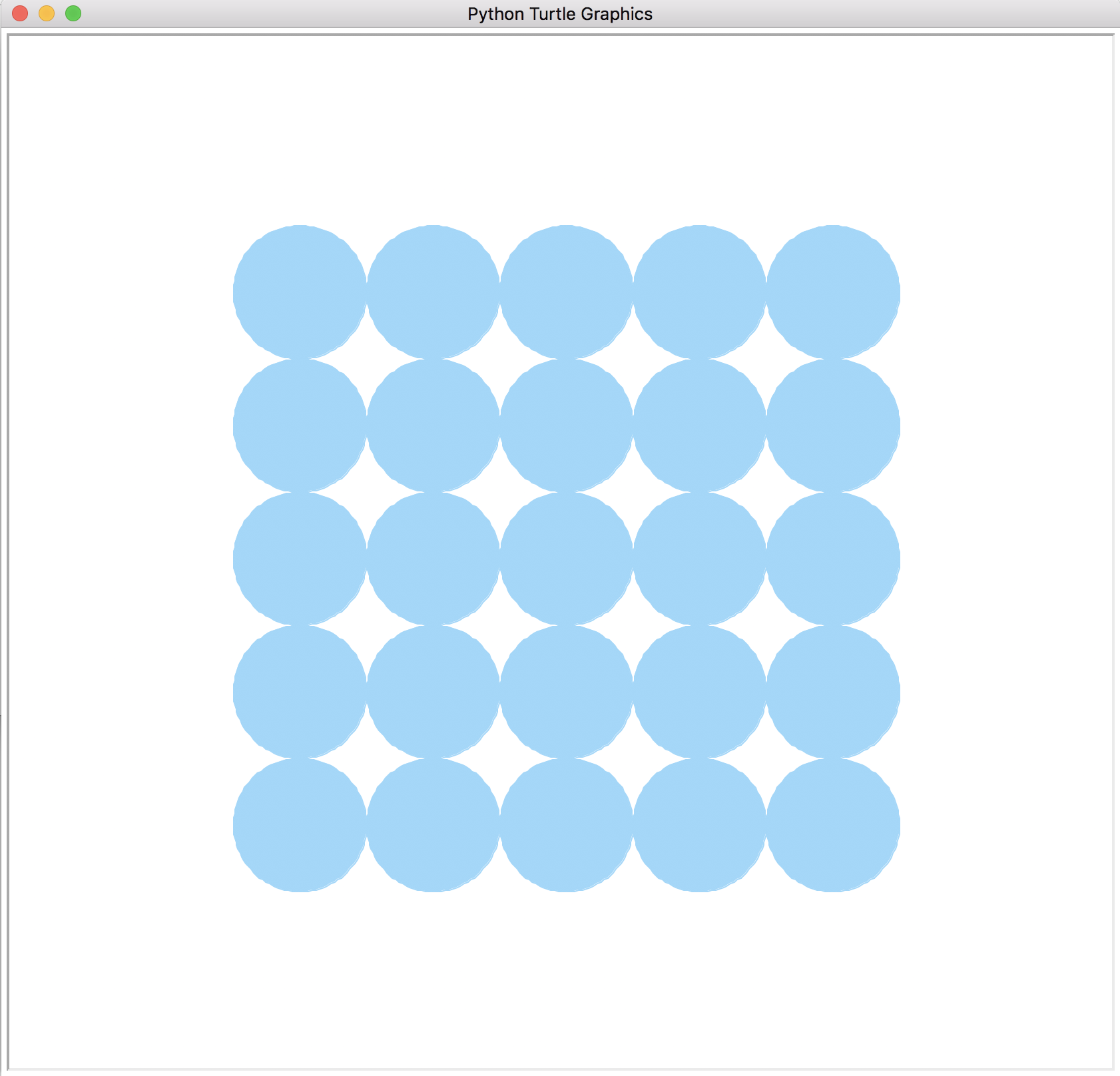 Turtle graphics display of a 5x5 grid of light blue circles.