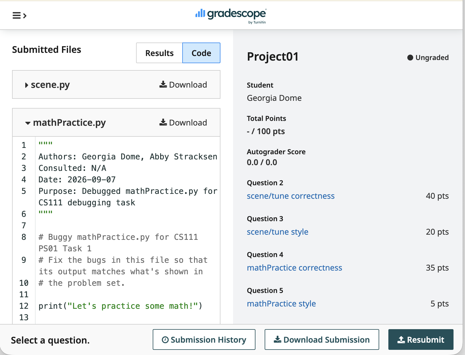 gradescope submission results
