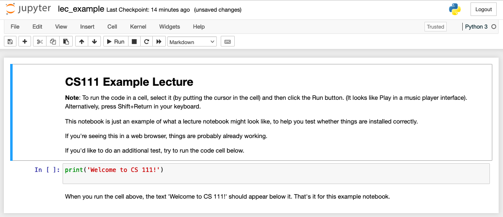 The example notebook open in a browser tab, with the title CS 111 Example Lecture and a single cell of code.